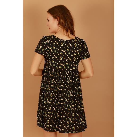 Black  Yellow V Neck Floral Mini Dress - Large - Picture 3 of 3
